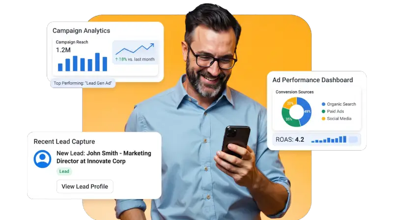 Digital marketing results — campaign analytics, AI search rankings, and lead capture dashboard