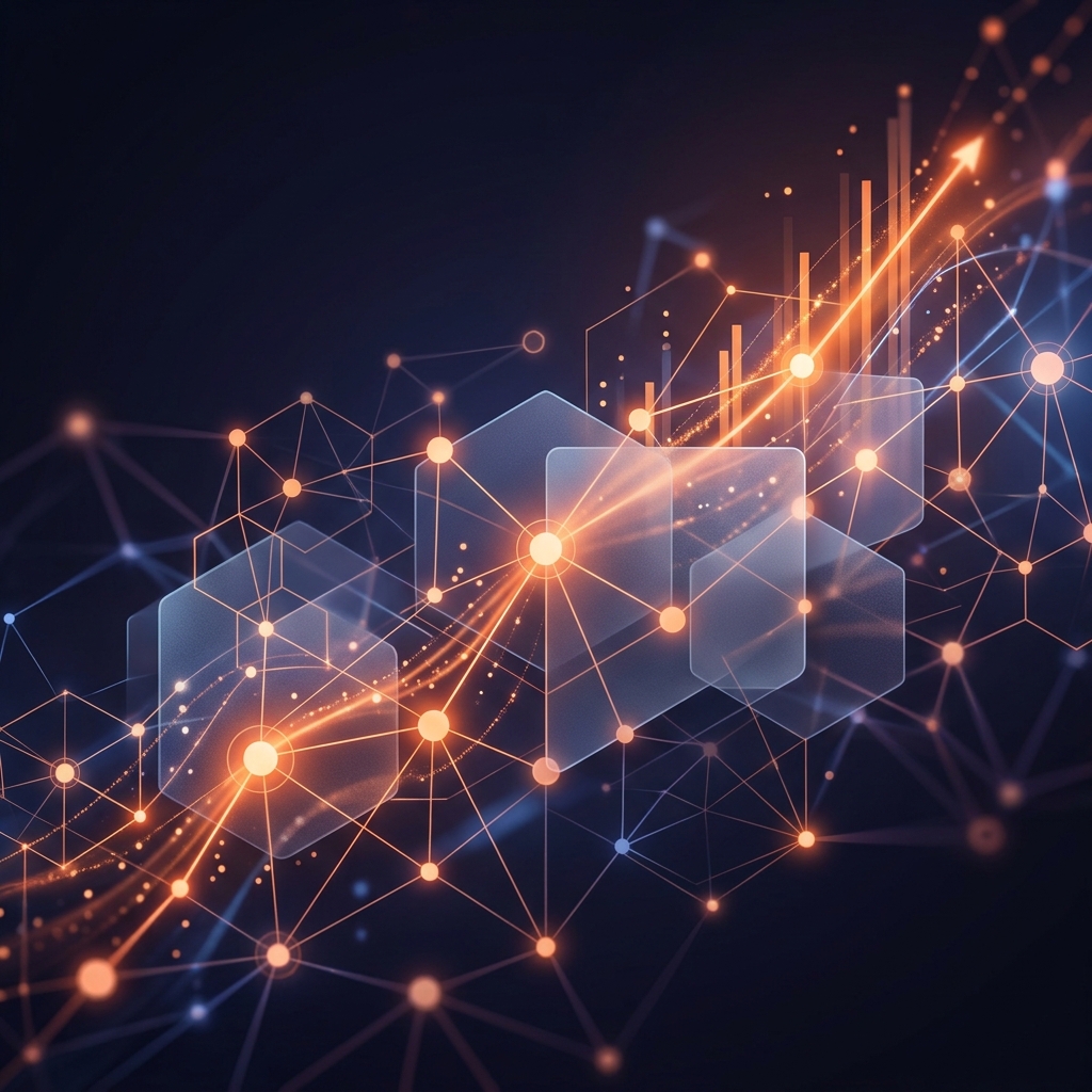 Abstract interconnected glowing nodes and upward trending data streams representing B2B organic traffic composition growth