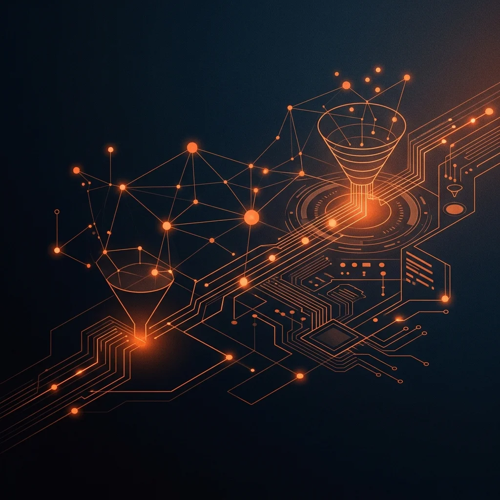 Abstract data-flow visualization representing an automated B2B sales pipeline powered by AI-driven SEO