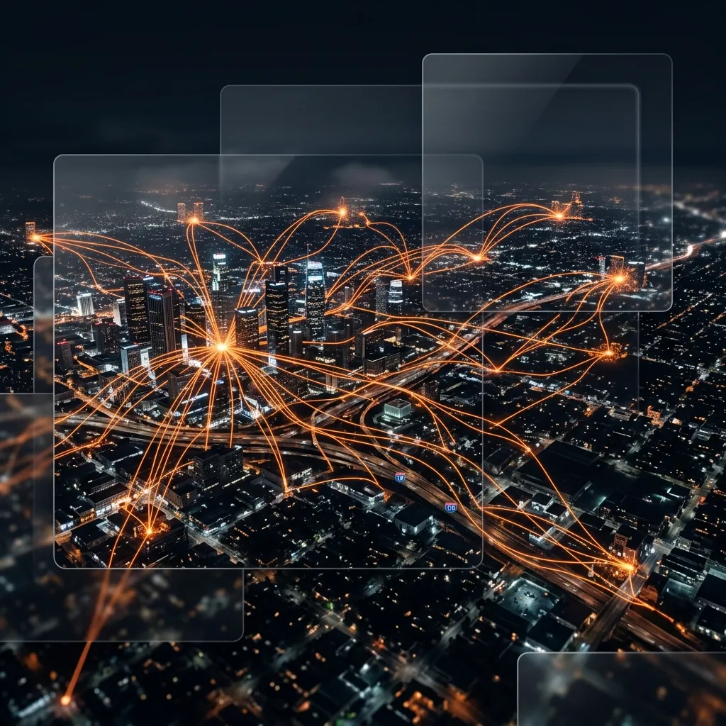 Abstract aerial visualization of Los Angeles at night with glowing orange data network lines connecting downtown skyscrapers