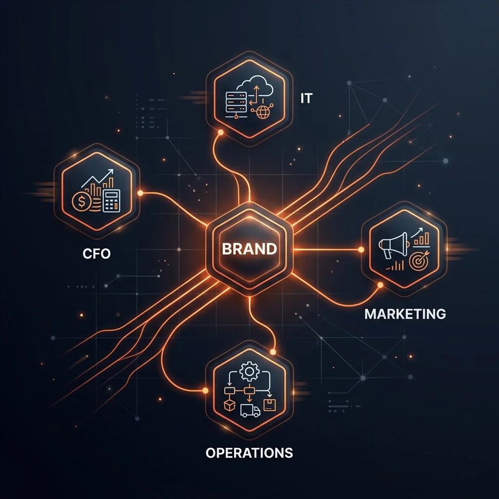 Minimalist digital illustration of a B2B organic pipeline with a central brand node connecting to multiple buying committee stakeholders represented by clean geometric icons and orange glowing lines