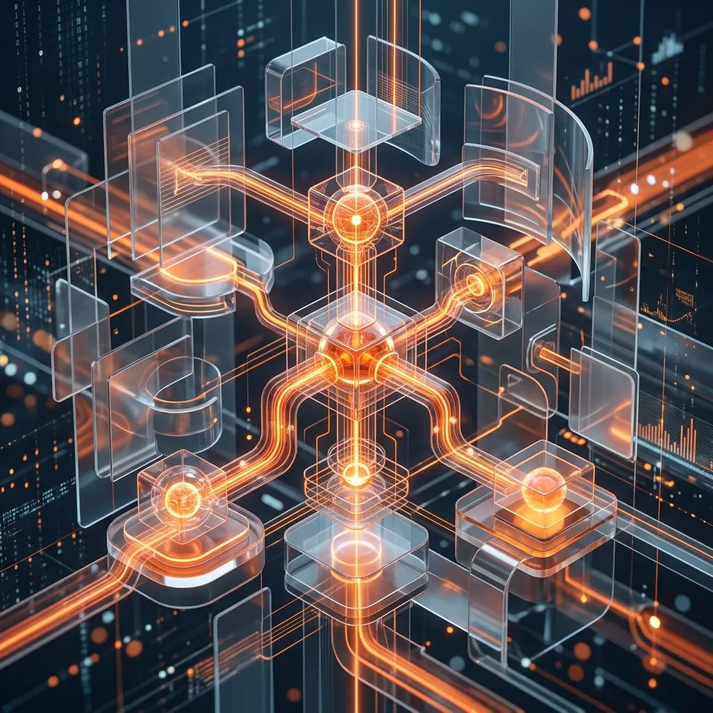 Abstract glowing data-flow nodes representing a premium B2B SEO agency with glassmorphism elements