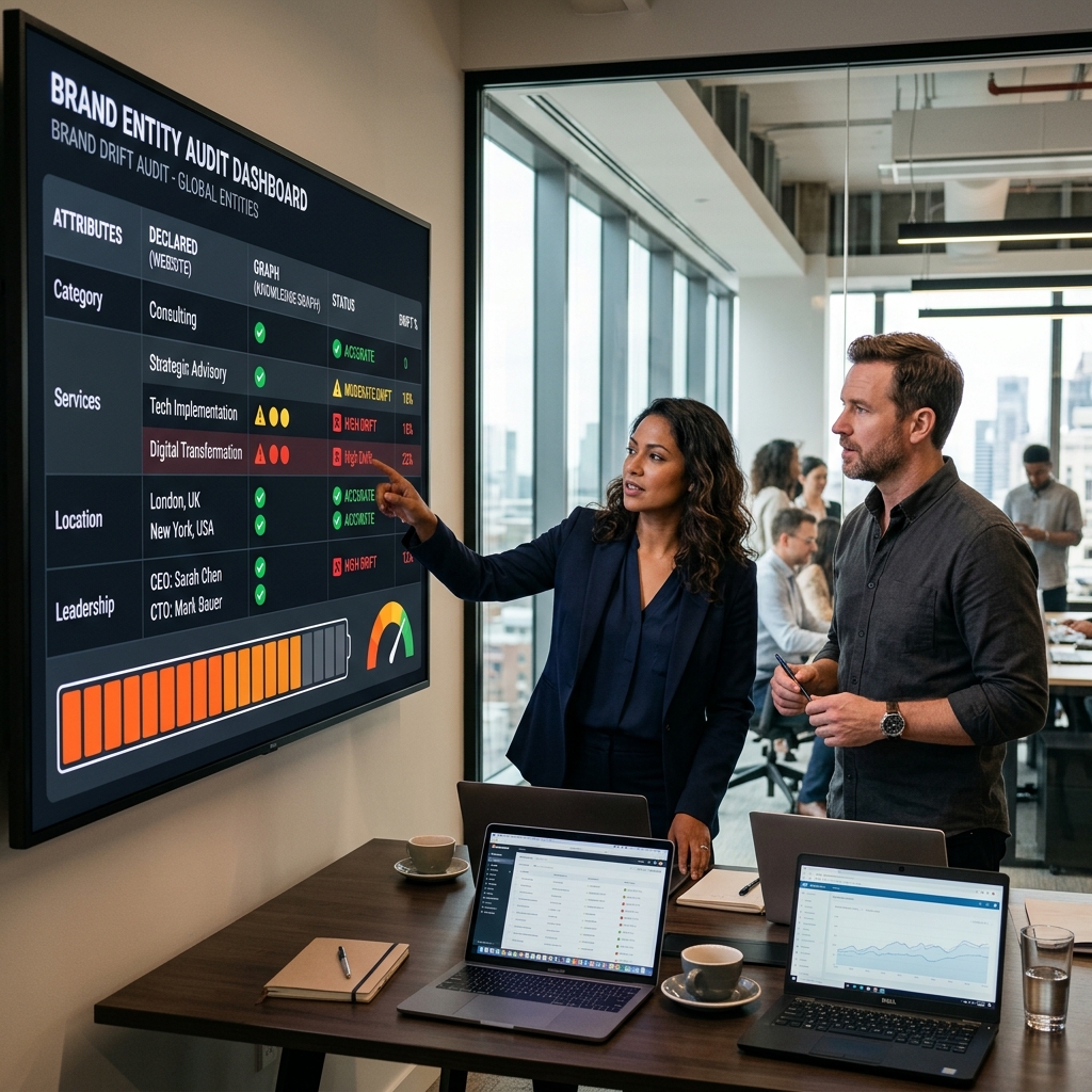 Two professionals reviewing a brand entity audit dashboard showing drift between declared and graph-stored values for category, services, location and leadership attributes