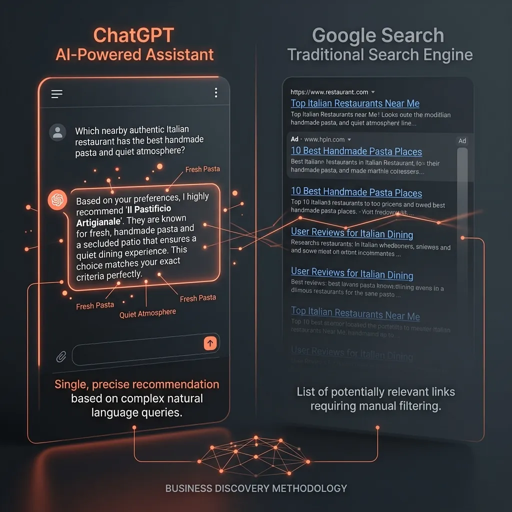 Split comparison screen between Google Search blue links and ChatGPT conversational AI business recommendation