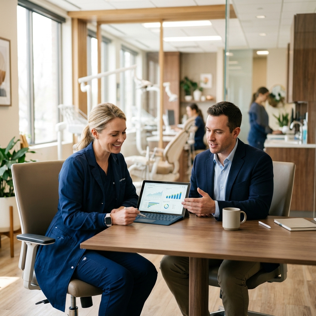 A professional, lifelike photo of a modern dental marketing and growth engineering meeting reviewing a glowing organic SEO traffic and patient pipeline dashboard