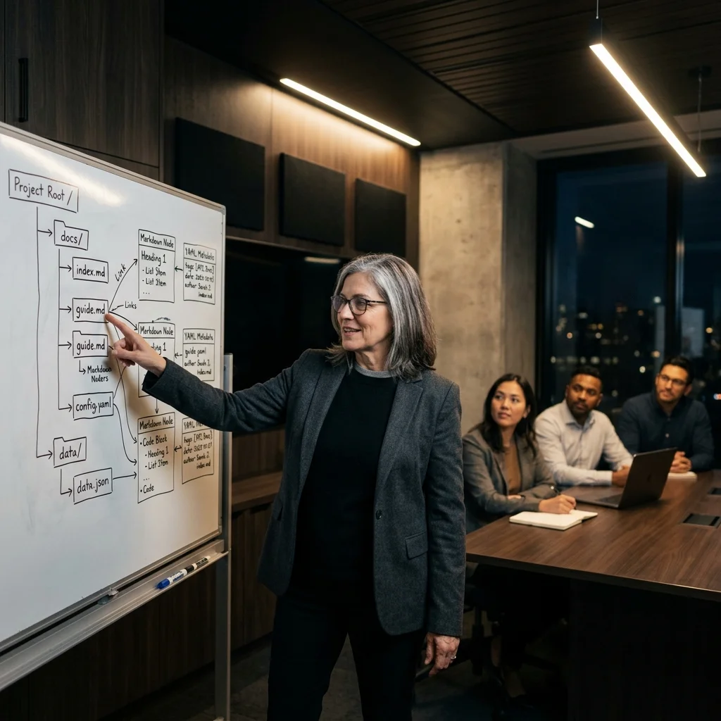 A software engineer explaining the Open Knowledge Format bundle structure on a whiteboard in a modern dark-themed meeting room