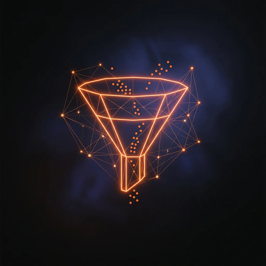 Glowing geometric funnel with orange data-flow nodes representing AI-driven automated lead generation SEO