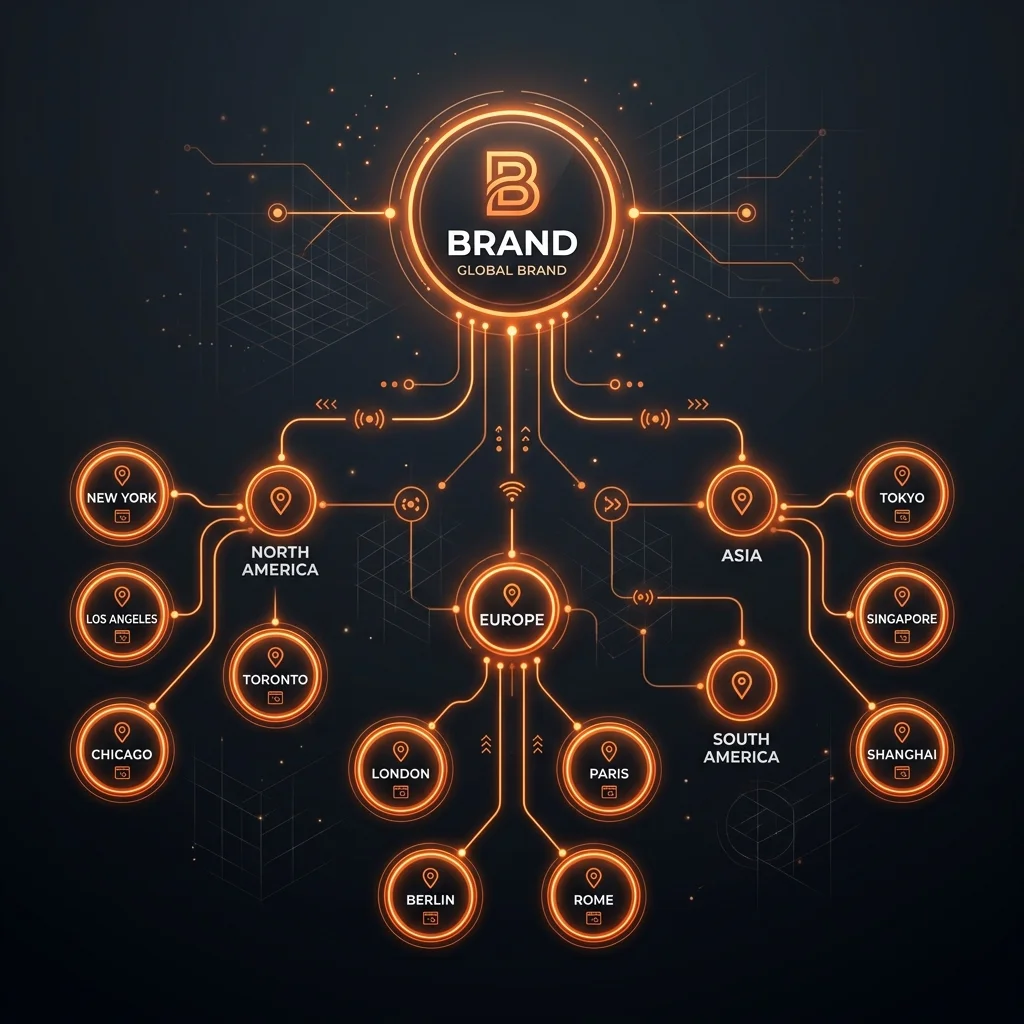 Minimalist digital illustration of a multi-location website hierarchical grid network. Centered brand node branches out into multiple location nodes with glowing orange lines
