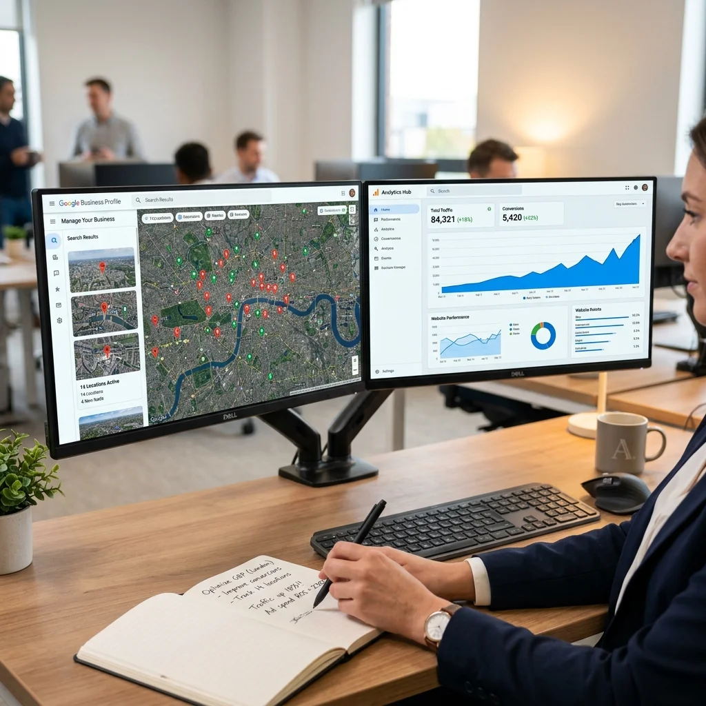 Google Business Profile and custom analytics workstation showing local search dashboard