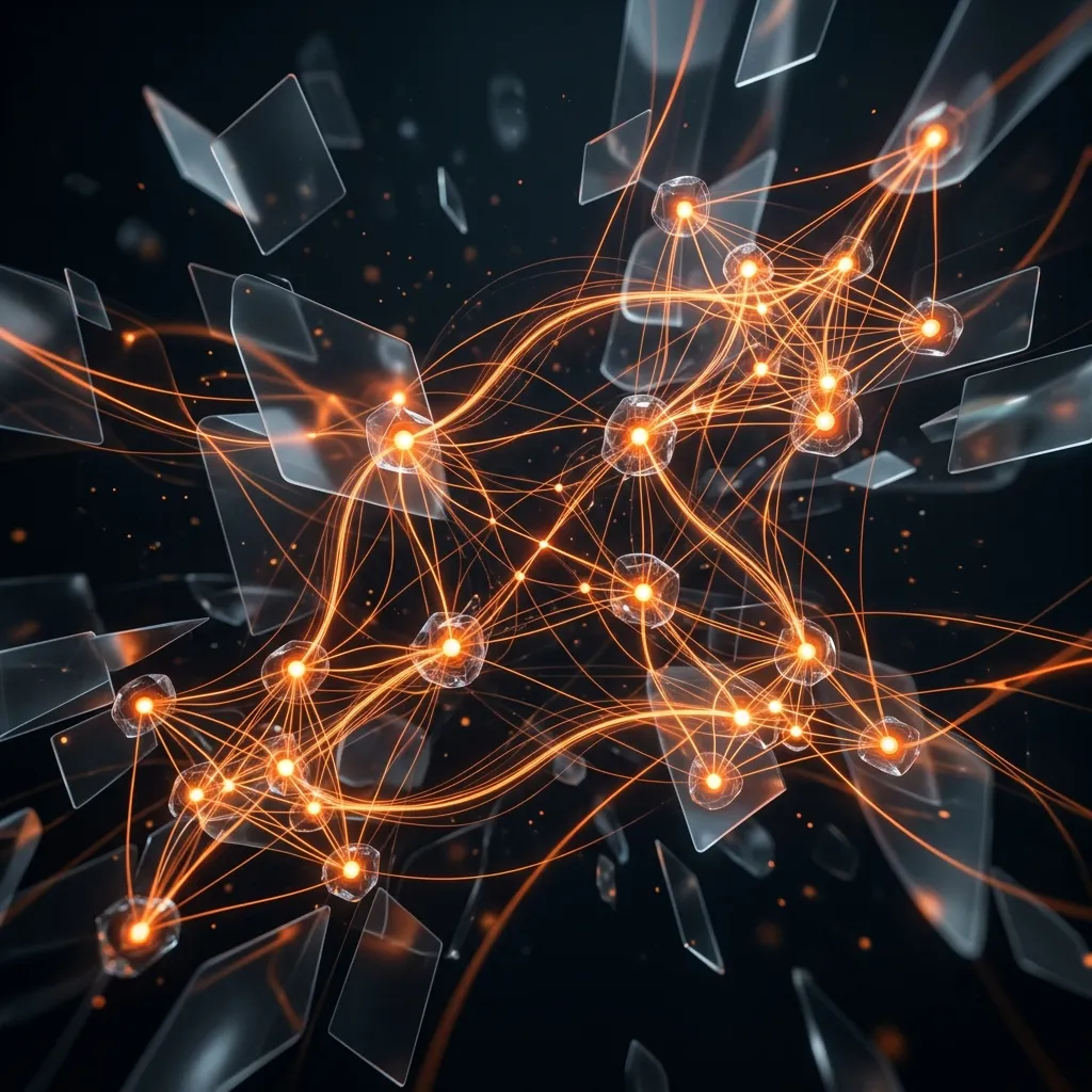 Abstract network of interconnected glowing nodes representing B2B buying committee stakeholders with glassmorphism panels